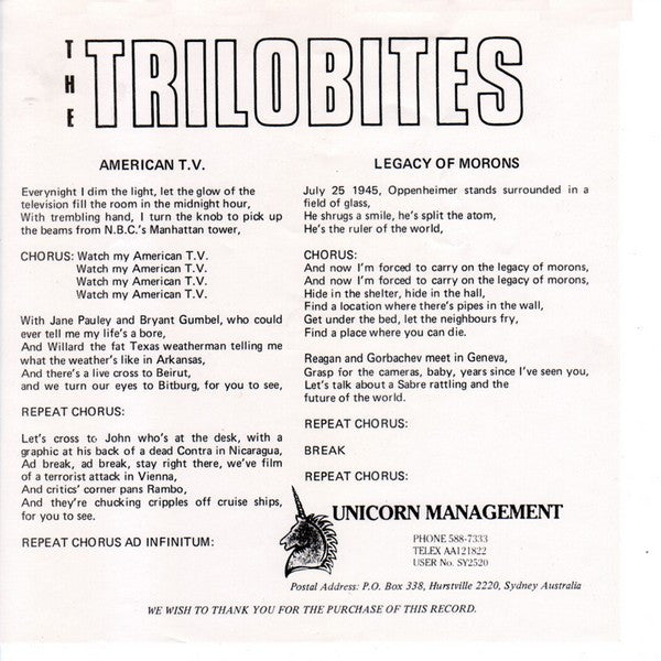 The Trilobites : American TV / Legacy Of Morons (7", Single)