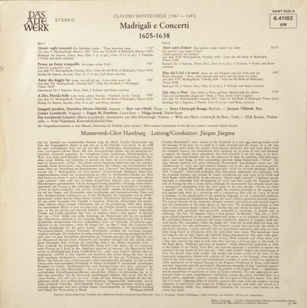 Claudio Monteverdi, Monteverdi-Chor Hamburg, Jürgen Jürgens, Leonhardt-Consort : Madrigali E Concerti (LP, Album, Gat)