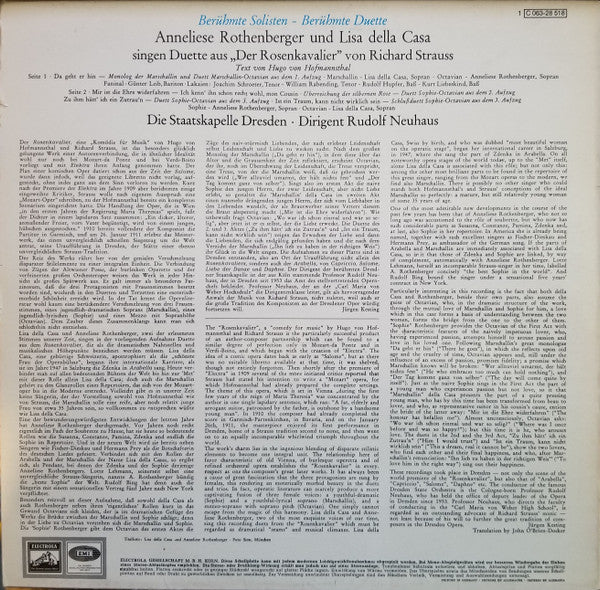 Richard Strauss, Lisa Della Casa, Anneliese Rothenberger, Staatskapelle Dresden, Rudolf Neuhaus : Anneliese Rothenberger Und Lisa Della Casa Singen Duette Von Richard Strauss (LP)