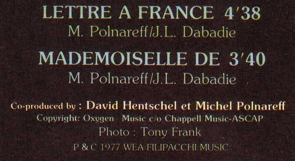 Michel Polnareff : Lettre A France (7", Single)
