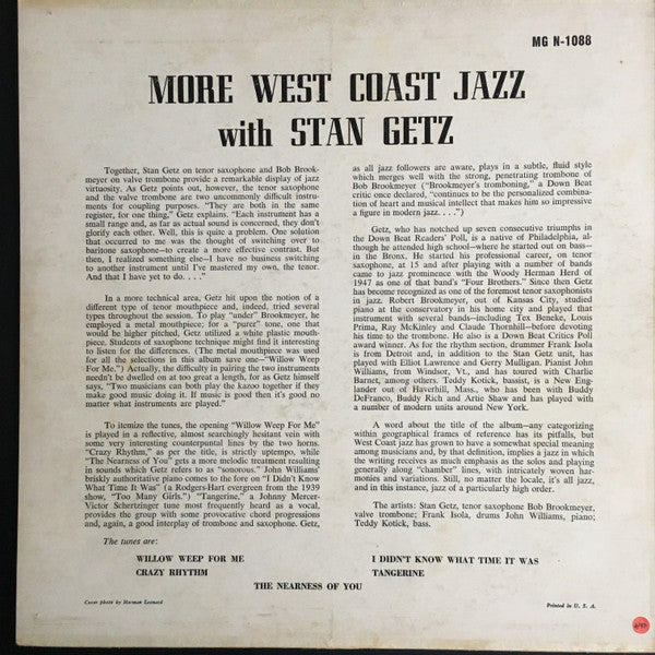 Stan Getz : More West Coast Jazz (LP, Comp, Mono, Yel)