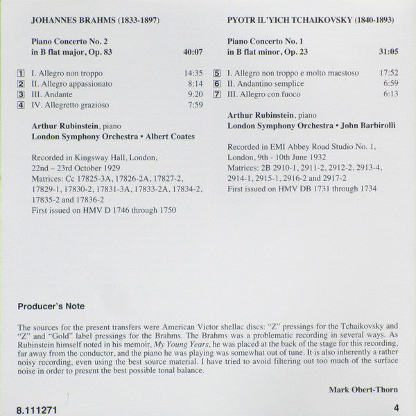 Johannes Brahms • Pyotr Ilyich Tchaikovsky - Arthur Rubinstein, London Symphony Orchestra, Albert Coates • Sir John Barbirolli : Brahms: Piano Concerto No. 2 • Tchaikovsky: Piano Concerto No. 1 (CD, Comp)