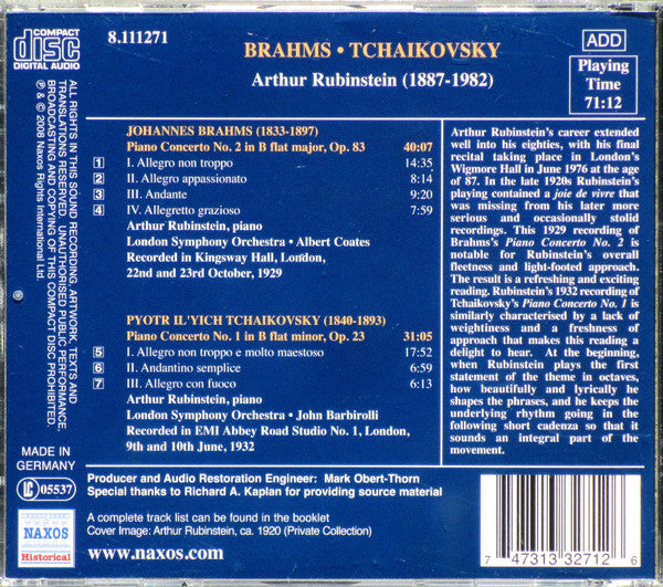 Johannes Brahms • Pyotr Ilyich Tchaikovsky - Arthur Rubinstein, London Symphony Orchestra, Albert Coates • Sir John Barbirolli : Brahms: Piano Concerto No. 2 • Tchaikovsky: Piano Concerto No. 1 (CD, Comp)