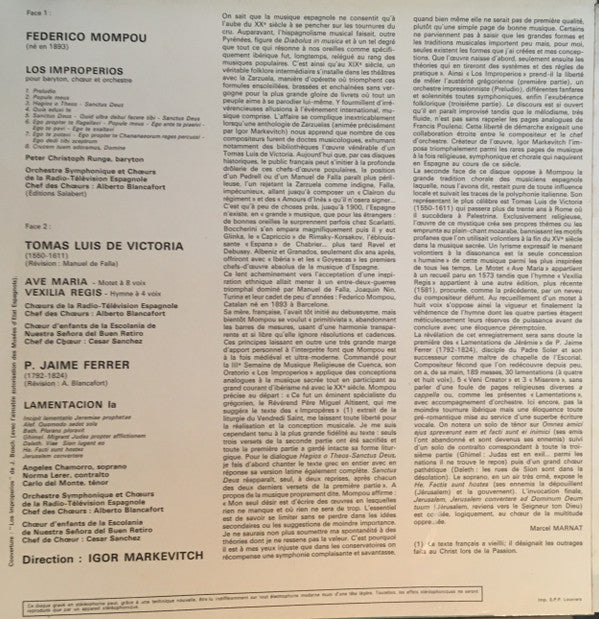 Frederic Mompou, Orquesta Sinfónica Y Coro De RTVE, Igor Markevitch : Los Improprerios (LP, Album, Mono)