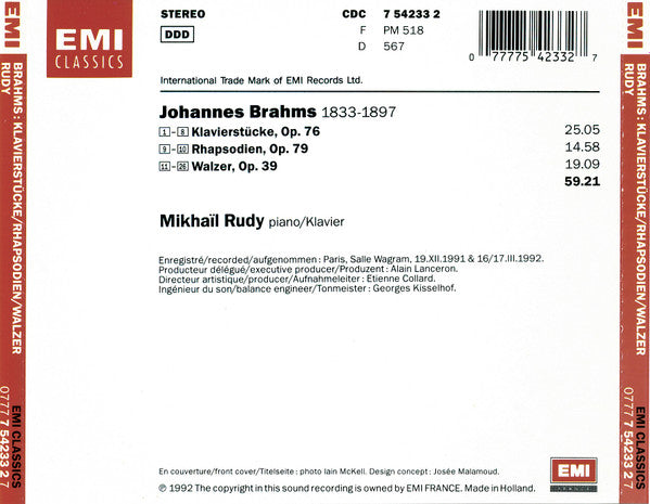 Johannes Brahms, Mikhaïl Rudy : Klavierstucke Op. 76; Rhapsodien Op. 79; Walzer Op. 39 (CD, Album)
