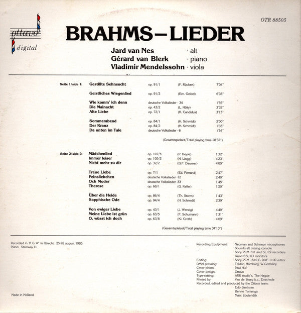 Johannes Brahms : Jard Van Nes, Gérard van Blerk, Vladimir Mendelssohn : Lieder (LP, Dig)