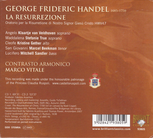 Georg Friedrich Händel, Klaartje Van Veldhoven, Stefanie True, Kristine Gether, Marcel Beekman, Mitchell Sandler, Contrasto Armonico, Marco Vitale : La Resurrezione (2xCD)