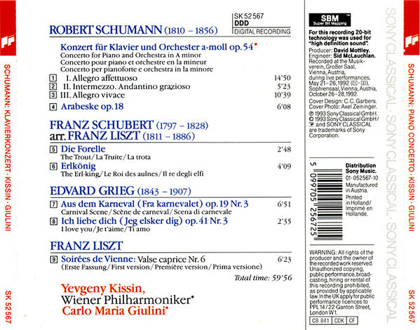 Robert Schumann, Franz Schubert, Edvard Grieg, Franz Liszt - Yevgeny Kissin, Wiener Philharmoniker, Carlo Maria Giulini : Piano Concerto · Arabeske · Die Forelle · Erlkönig · Aus Dem Karneval · Ich Liebe Dich · Soirées De Vienne (CD, Album)