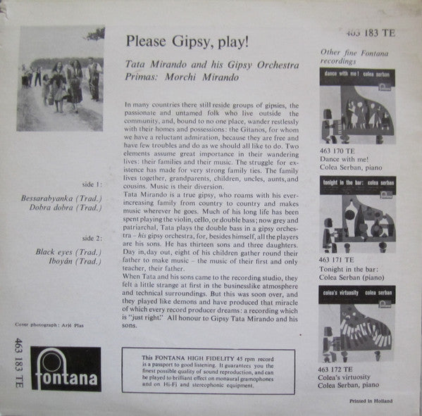 Tata Mirando And His Gipsy Orchestra : Please Gipsy, Play!  (7", EP, Mono)