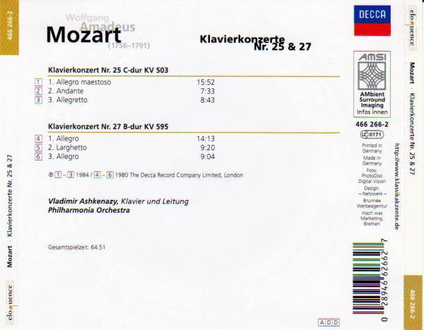 Wolfgang Amadeus Mozart / Vladimir Ashkenazy • Philharmonia Orchestra : Klavierkonzerte Nr. 25 & 27 (CD, Comp, RE)