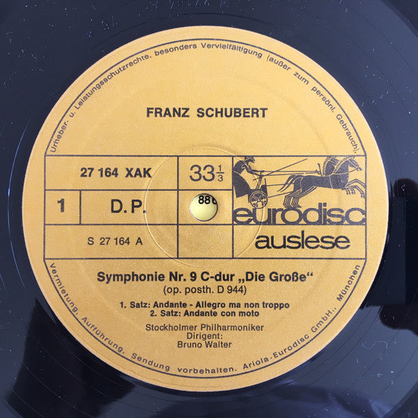 Franz Schubert, Bruno Walter, Stockholms Konsertförenings Orkester : Symphonie Nr. 9 "Die Große" (LP, Album)