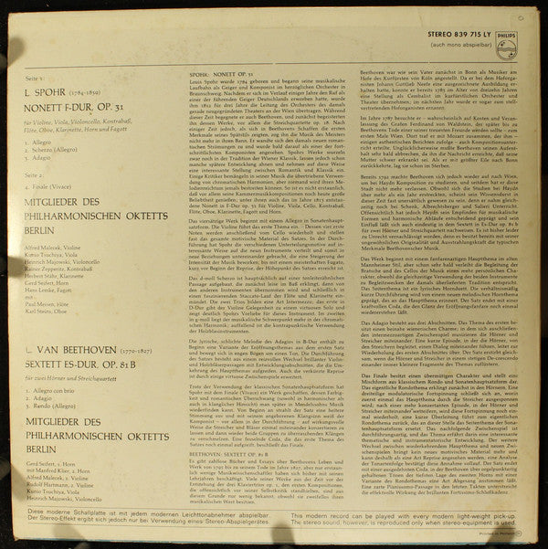 Ludwig van Beethoven, Louis Spohr - Philharmonisches Oktett Berlin : Sextett Für Hörner Und Streicher, Op. 81b / Nonett, Op. 31 (LP)