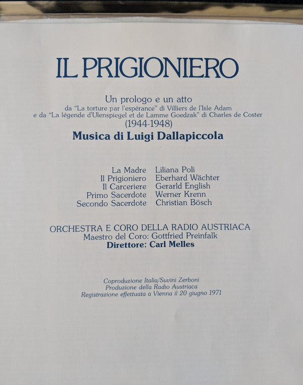 Luigi Dallapiccola - Liliana Poli, Eberhard Wächter, Gerald English, Werner Krenn, Christian Boesch, ORF-Chor E ORF Symphonieorchester, Carl Melles : Il Prigioniero (LP, Album + Box)