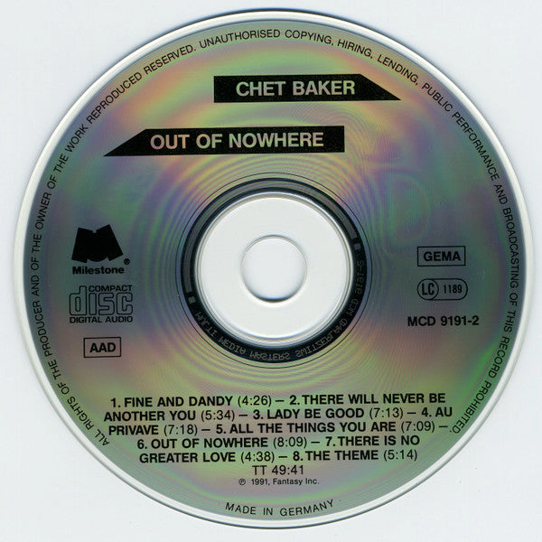 Chet Baker : Out Of Nowhere (CD, Album)