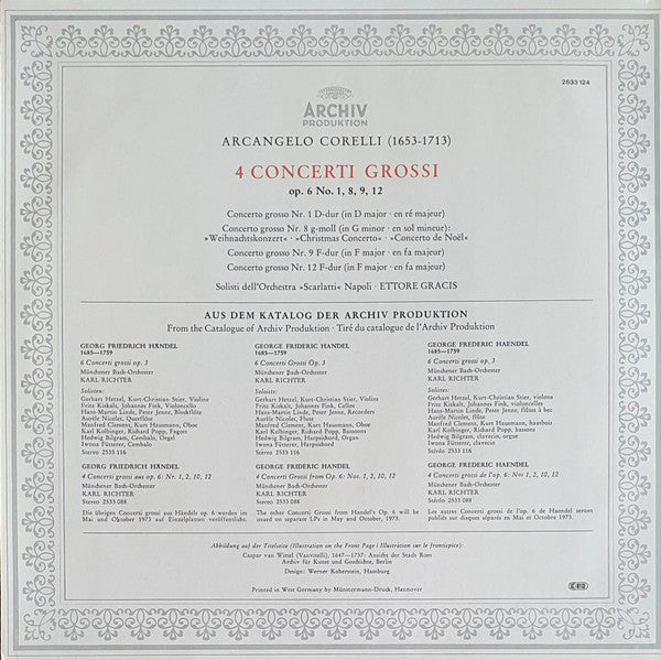 Arcangelo Corelli - Solisti Dell'Orchestra "Scarlatti" Napoli, Ettore Gracis : 4 Concerti Grossi Op.6 (No. 1∙8∙9∙12) (LP, Album, Gat)