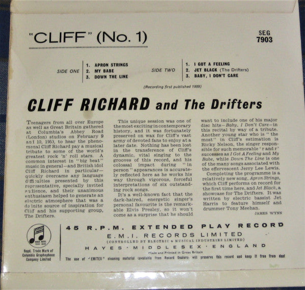 Cliff Richard & The Drifters : Cliff No. 1 (7", EP, Mono)