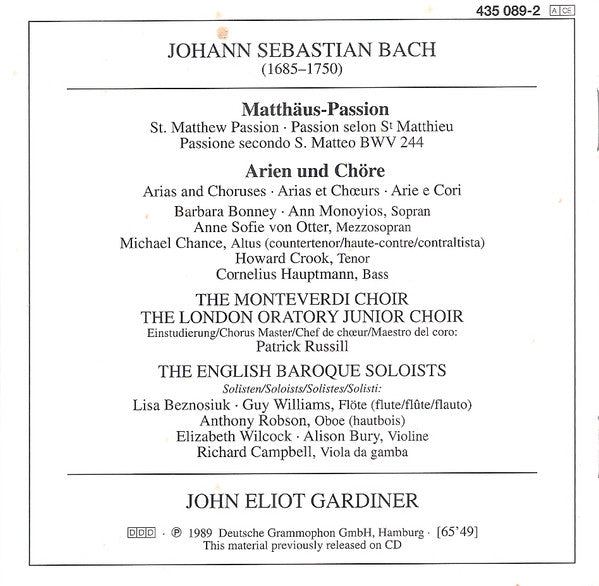 Johann Sebastian Bach - John Eliot Gardiner, The Monteverdi Choir, The London Oratory Junior Choir, The English Baroque Soloists : Matthaus-Passion • St. Matthew Passion • Passion Selon St Matthieu • Passione Secondo S. Matteo BWV 244 (CD, Comp)