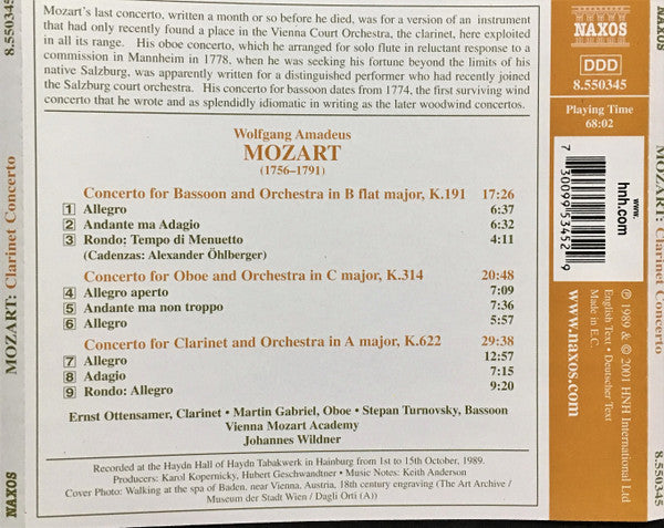 Wolfgang Amadeus Mozart - Ernst Ottensamer • Martin Gabriel • Stepan Turnovsky, Wiener Akademie, Johannes Wildner : Clarinet Concerto • Oboe Concerto • Bassoon Concerto (CD, Album, RE)