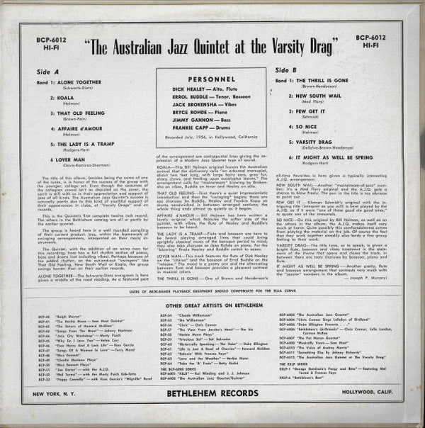 The Australian Jazz Quintet : The Australian Jazz Quintet At The Varsity Drag (LP, Album, Mono, Res)