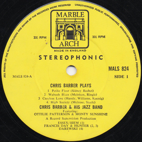 Chris Barber's Jazz Band Featuring Ottilie Patterson & Monty Sunshine : Chris Barber Plays (LP)