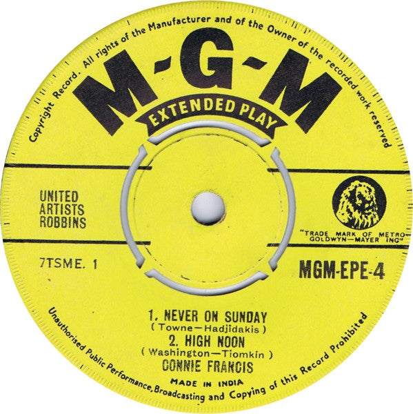 Connie Francis : Connie Francis Sings "Never On Sunday" And Other Title Songs From Motion Pictures (7", EP)