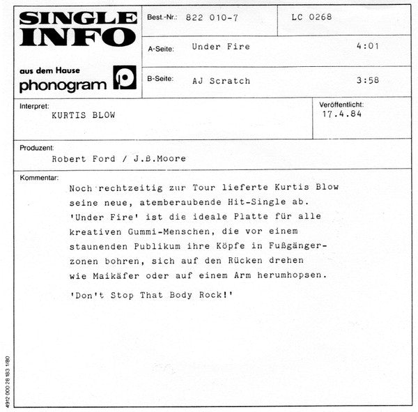 Kurtis Blow : Under Fire (7", Single)