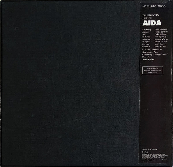 Giuseppe Verdi / Orchestra Del Teatro Dell'Opera Di Roma, Jonel Perlea, Jussi Björling, Leonard Warren, Zinka Milanov : Aida (3xLP, Album + Box)