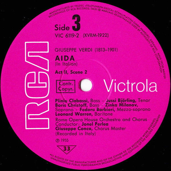 Giuseppe Verdi / Orchestra Del Teatro Dell'Opera Di Roma, Jonel Perlea, Jussi Björling, Leonard Warren, Zinka Milanov : Aida (3xLP, Album + Box)