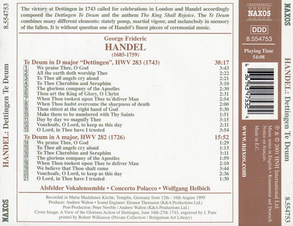 Georg Friedrich Händel - Dorothee Mields, Ulrike Andersen, Mark Wilde (4), Chris Dixon (9), Alsfelder Vokalensemble, Concerto Polacco, Wolfgang Helbich : Dettingen. Te Deum In A Major (CD, Album)