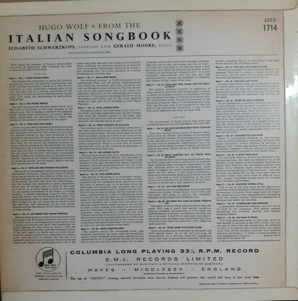 Hugo Wolf, Elisabeth Schwarzkopf, Gerald Moore :  From "The Italian Song Book" (LP, Mono, Blu)