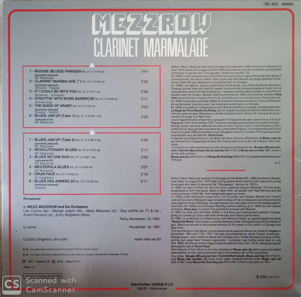 Mezz Mezzrow : Clarinet Marmalade (LP, RE)