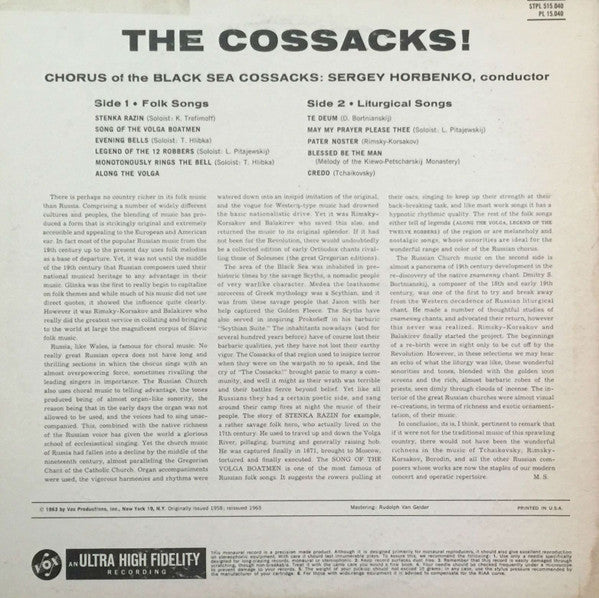 Original Schwarzmeer Kosaken Chor - Sergey Herbenko : The Cossacks! (LP, Mono, RE)