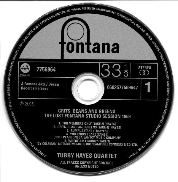 Tubby Hayes Quartet : Grits, Beans And Greens (The Lost Fontana Studio Session 1969) (CD, Album, MQA)