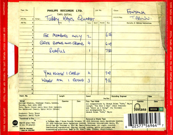 Tubby Hayes Quartet : Grits, Beans And Greens (The Lost Fontana Studio Session 1969) (CD, Album, MQA)