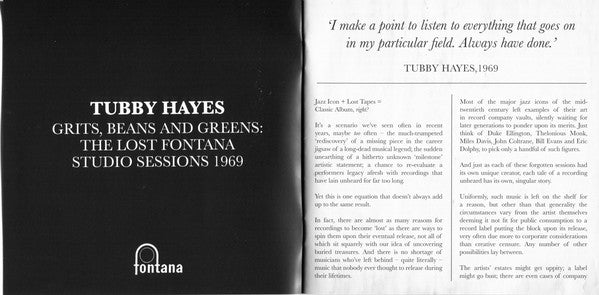 Tubby Hayes Quartet : Grits, Beans And Greens (The Lost Fontana Studio Session 1969) (CD, Album, MQA)