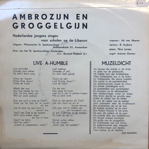 Ambrozijn En Groggelgijn, Huub Oosterhuis, Bernard Huijbers : Voor Scholen Van De Libanon (7")