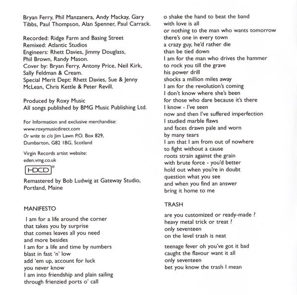 Roxy Music : Manifesto (HDCD, Album, RE, RM, Arv)