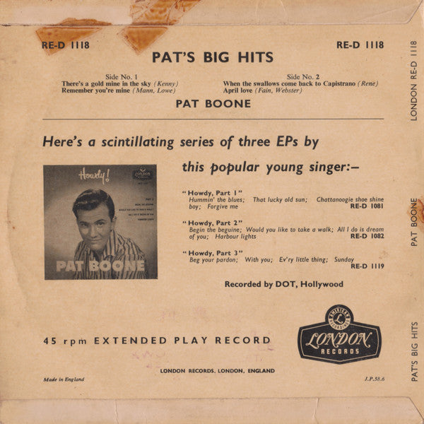 Pat Boone : Pat's Big Hits (7", EP)