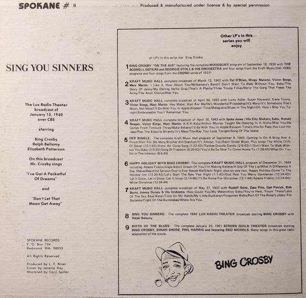 Bing Crosby, Ralph Bellamy : Sing You Sinners: 1940 Lux Radio Theater Broadcast  (LP)
