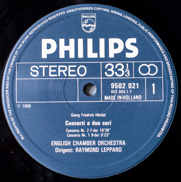 Georg Friedrich Händel, English Chamber Orchestra, Raymond Leppard : 3 Concerti A Due Cori (LP, RE)