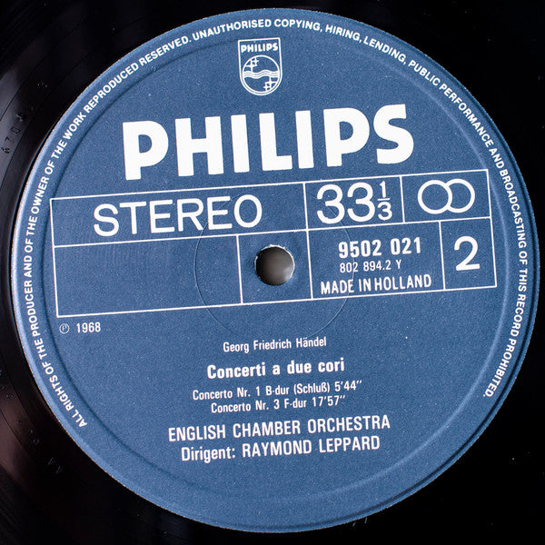 Georg Friedrich Händel, English Chamber Orchestra, Raymond Leppard : 3 Concerti A Due Cori (LP, RE)