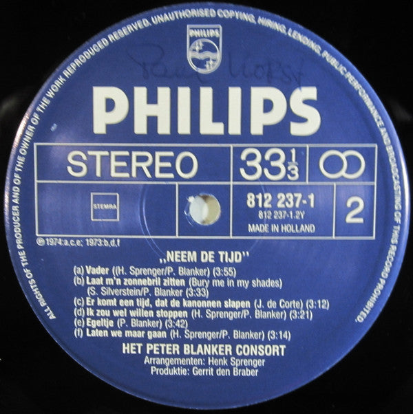 Peter Blanker Consort : Neem De Tijd (LP, Album)