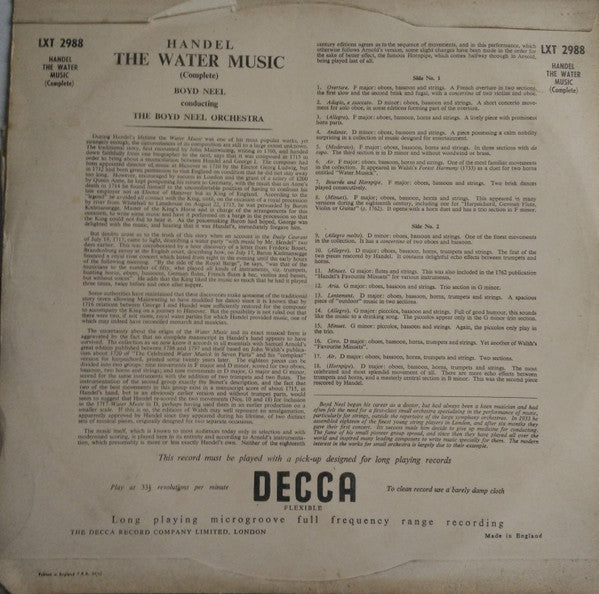 Georg Friedrich Händel - Boyd Neel Conducting The Boyd Neel Orchestra : The Water Music (LP, Mono)