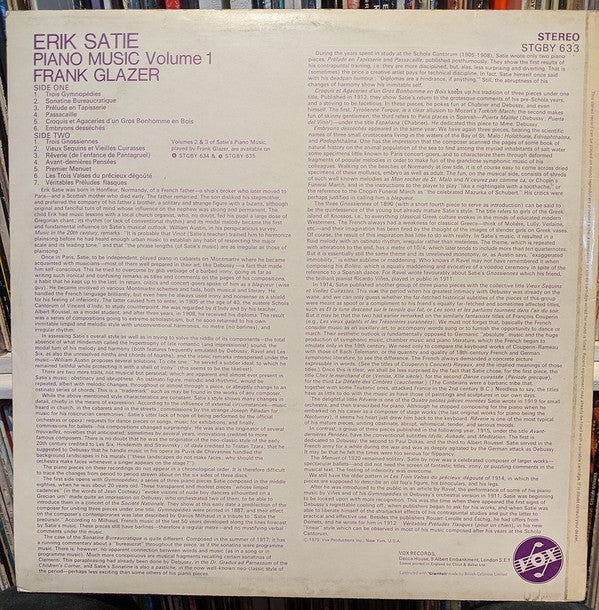 Erik Satie ● Frank Glazer : Piano Music Volume 1 (LP, Album)