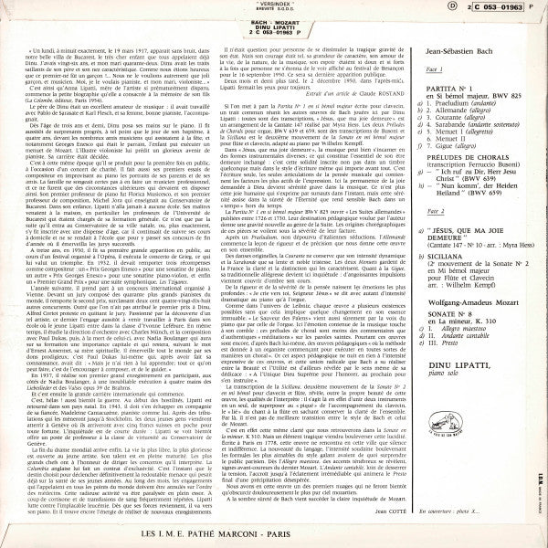 Johann Sebastian Bach, Wolfgang Amadeus Mozart, Dinu Lipatti : Jesus Que Ma Joie Demeure / Siciliana / Deux Preludes De Chorals / Partita N°1 En Si Flat Majeur / Sonate N°8 En La Mineur,K.310 (LP, RE)