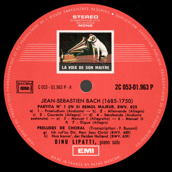 Johann Sebastian Bach, Wolfgang Amadeus Mozart, Dinu Lipatti : Jesus Que Ma Joie Demeure / Siciliana / Deux Preludes De Chorals / Partita N°1 En Si Flat Majeur / Sonate N°8 En La Mineur,K.310 (LP, RE)