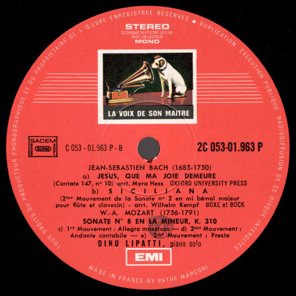 Johann Sebastian Bach, Wolfgang Amadeus Mozart, Dinu Lipatti : Jesus Que Ma Joie Demeure / Siciliana / Deux Preludes De Chorals / Partita N°1 En Si Flat Majeur / Sonate N°8 En La Mineur,K.310 (LP, RE)