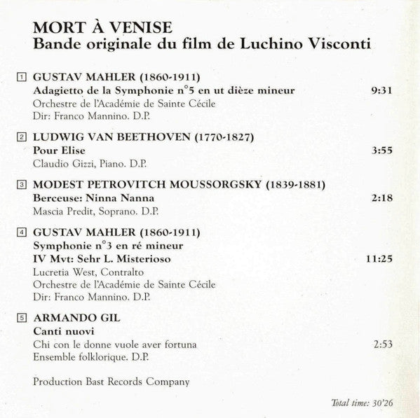 Orchestra Dell'Accademia Nazionale Di Santa Cecilia direction: Franco Mannino : Mort A Venise (Bande Originale Du Film) (CD, Album)