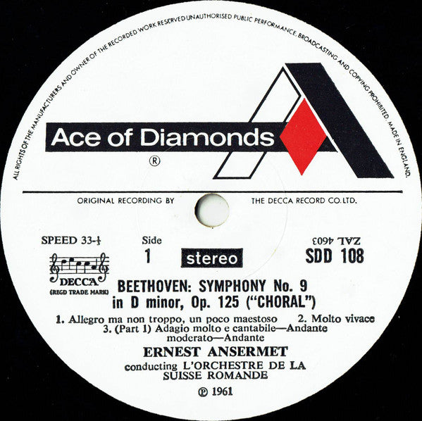 Ludwig Van Beethoven, L'Orchestre De La Suisse Romande, Ernest Ansermet : Symphony No. 9 "The Choral" (LP, RE)