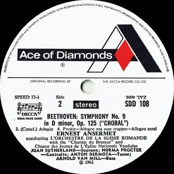 Ludwig Van Beethoven, L'Orchestre De La Suisse Romande, Ernest Ansermet : Symphony No. 9 "The Choral" (LP, RE)